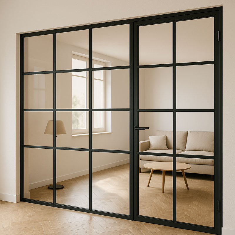 Verrière intérieure en acier noir avec porte battante, séparant un salon lumineux au sol en parquet clair et un espace de vie moderne à Nantes.