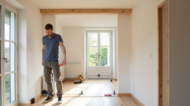 Artisan en train de prendre des mesures pour installer une cloison verrière dans une maison de ville typique de la région nantaise.