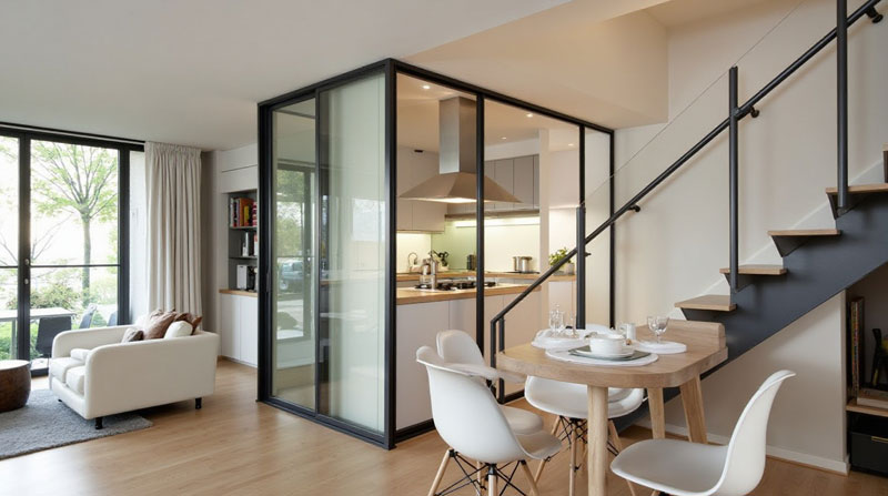 Intérieur contemporain lumineux avec une verrière coulissante en acier noir mat, installée entre une cuisine et un salon.