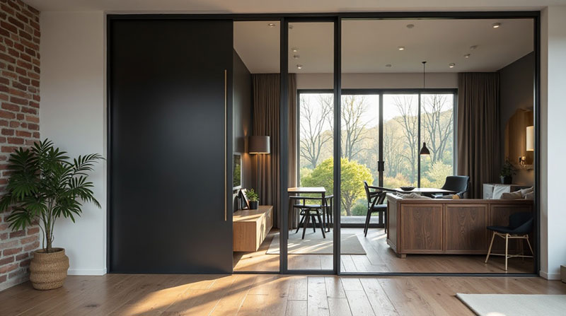 Verrière intérieure en acier noir, style atelier, installée dans une pièce moderne et lumineuse. Vitrages feuilletés épais à double vitrage phonique, avec reflets subtils laissant deviner une excellente isolation acoustique. 