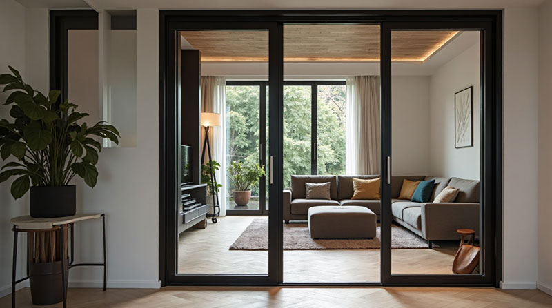 Verrière intérieure en acier noir, style atelier, installée dans une pièce moderne et lumineuse. Vitrages feuilletés épais à double vitrage phonique, avec reflets subtils laissant deviner une excellente isolation acoustique.