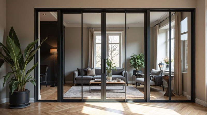 Verrière intérieure en acier noir, style atelier, installée dans une pièce moderne et lumineuse. Vitrages feuilletés épais à double vitrage phonique, avec reflets subtils laissant deviner une excellente isolation acoustique.