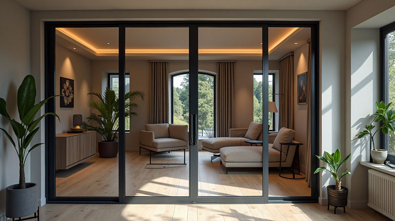 Verrière intérieure en acier noir, style atelier, installée dans une pièce moderne et lumineuse. Vitrages feuilletés épais à double vitrage phonique, avec reflets subtils laissant deviner une excellente isolation acoustique.