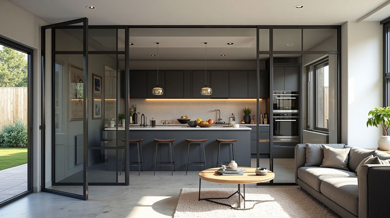 Une verrière intérieure de style anglais en acier noir, avec petits carreaux réguliers, installée entre une cuisine moderne et un salon lumineux.