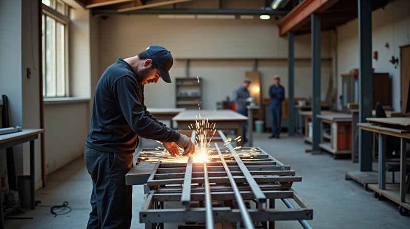Atelier artisanal de fabrication de verrières en acier à Nantes, avec un artisan en train de souder une structure métallique. 