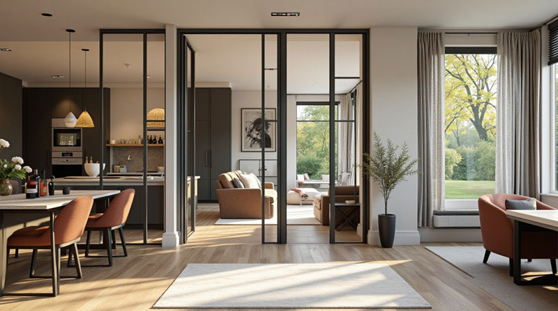 Une verrière anglaise en acier noir entre une cuisine ouverte et un salon moderne, laissant passer la lumière naturelle.