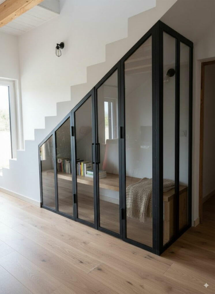 Verrière sous escalier transformé en coin détente