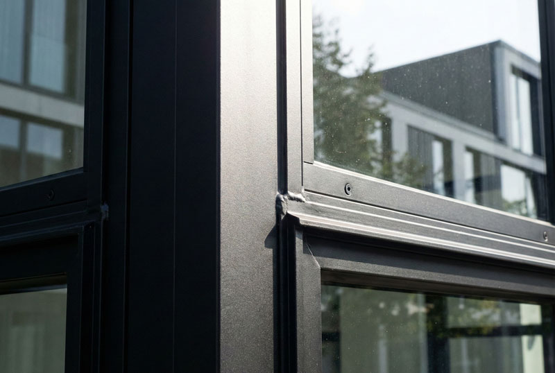 Un gros plan détaillé sur l'angle supérieur d'un cadre de fenêtre en acier noir. On distingue la texture mate et poudrée du métal, ainsi que les soudures et les vis d'assemblage. Le vitrage reflète l'extérieur avec des arbres et un bâtiment moderne sous un ciel lumineux.