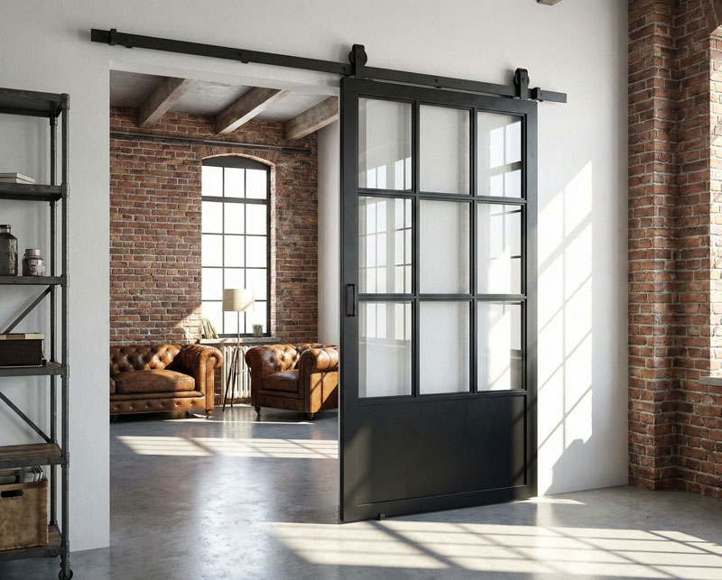 Une vue intérieure d'un loft lumineux, avec une grande porte coulissante de style industriel en verre et acier noir, légèrement ouverte. Le mécanisme de rail et de roulettes est visible en haut de la porte. En arrière-plan, on aperçoit un salon avec des murs en briques apparentes, un canapé en cuir, et de grandes fenêtres cintrées laissant entrer le soleil.
