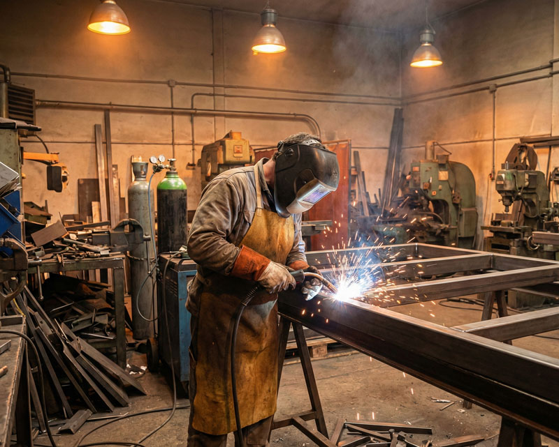 Un artisan soudeur au travail dans un atelier de métallerie, en train de souder une grande structure en acier. Des gerbes d'étincelles jaillissent de son poste. Il porte un casque de soudure, des gants épais et un tablier en cuir. L'atelier est rempli d'outils, de machines et de pièces métalliques, sous une lumière chaude et tamisée.