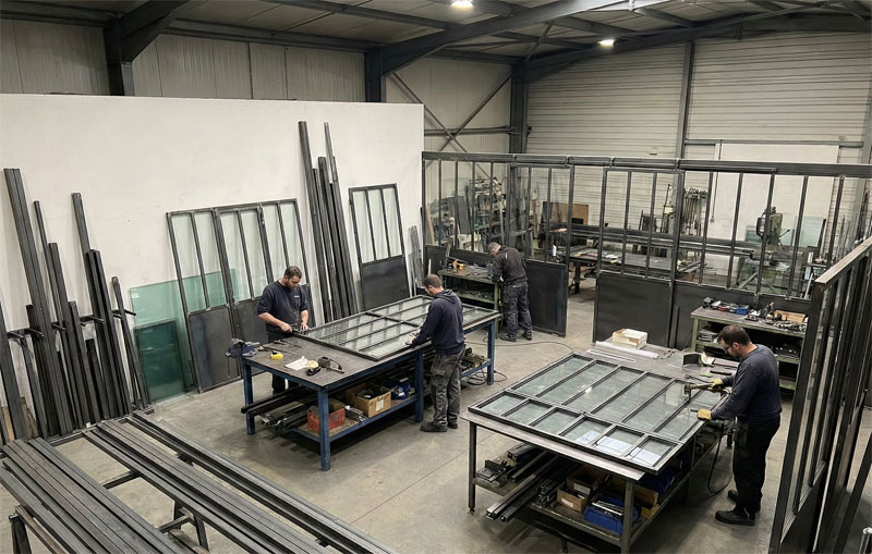 Vue d'ensemble d'un atelier de métallerie artisanale spécialisé dans la création de verrières sur mesure. Plusieurs artisans travaillent sur de grands établis pour assembler des structures en acier et des parois vitrées destinées à des aménagements intérieurs modernes.