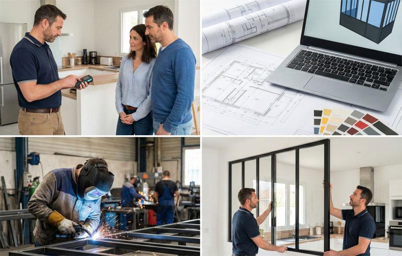 4 étapes de création d'une verrière par AB Verrière : prise de mesures laser, conception 3D, fabrication artisanale en atelier et pose finale à domicile.