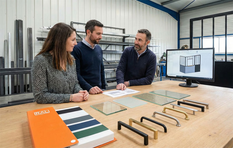 Choix de finitions de verrières à Vertou : échantillons de vitrages, poignées et nuancier RAL en atelier.