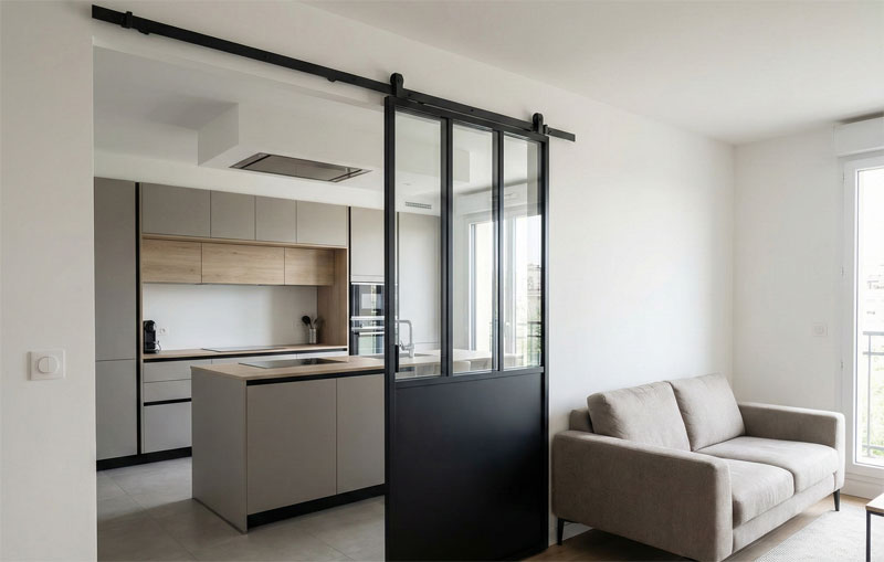Verrière cuisine en acier noir avec porte coulissante sur rail suspendu