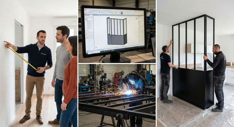 Étapes de création d'une verrière : prise de mesure à domicile, conception 3D, soudure et pose finale.