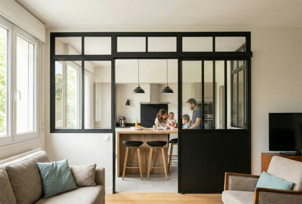 Verrière cuisine salon en acier noir avec porte coulissante, séparant les espaces tout en laissant passer la lumière naturelle.