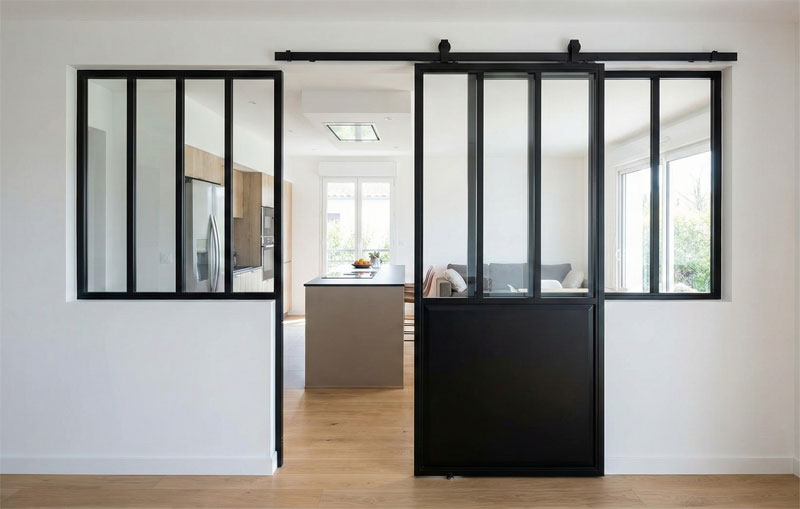 Verrière noire de style atelier avec porte coulissante sur rail apparent entre une cuisine et un séjour.