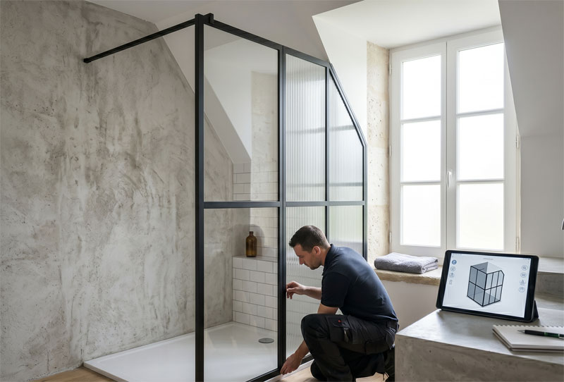 Pose d'une paroi de douche verrière par un technicien AB Verrière avec une tablette affichant la conception 3D personnalisée du projet.