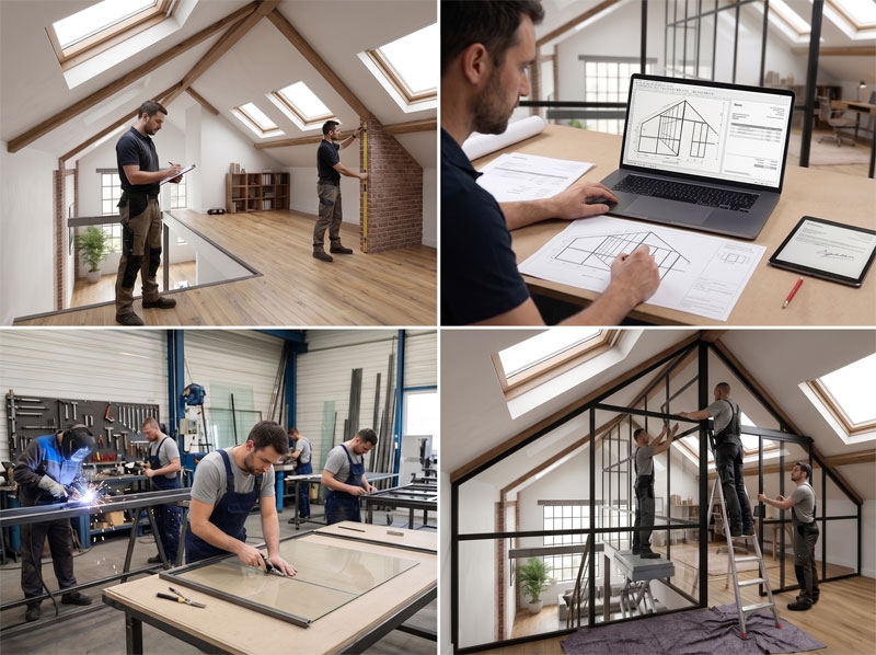 Une mosaïque de quatre photos illustrant le processus complet d'installation d'une verrière artisanale. En haut à gauche : une prise de mesure professionnelle dans un intérieur. En haut à droite : la conception de plans détaillés sur ordinateur et papier. En bas à gauche : la fabrication soudée et découpée des cadres en métal dans un atelier industriel. En bas à droite : l'assemblage final sur mesure par une équipe d'installateurs sous un plafond en pente.