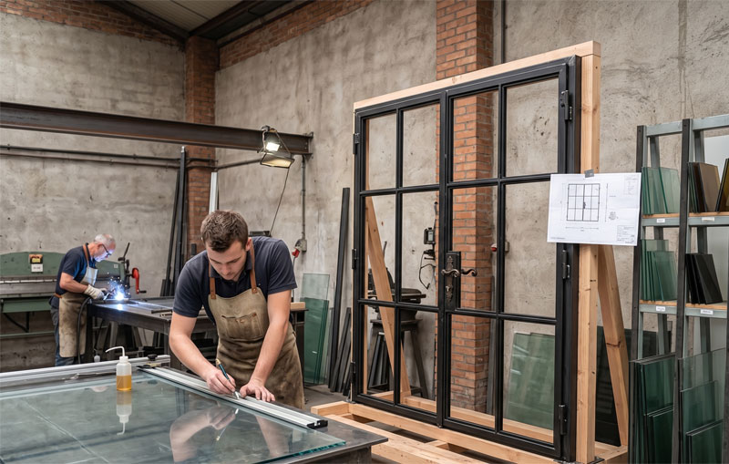 Photographie prise dans un atelier de métallerie industriel. Un artisan, portant un tablier en cuir et des gants de protection, ajuste avec soin l'un des vantaux d'une grande verrière battante double, à structure métallique noire et aux multiples vitrages clairs, montée dans une ouverture en briques rouges. Un autre ouvrier travaille sur une table de découpe au second plan, entouré de racks de matériaux en acier et en verre.